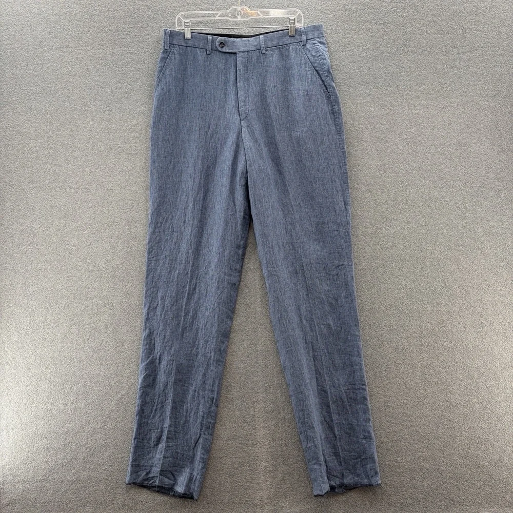 Hiltl Pants Mens 35x38 Blue Linen Dress Trousers Lightweight Unfinished Hem